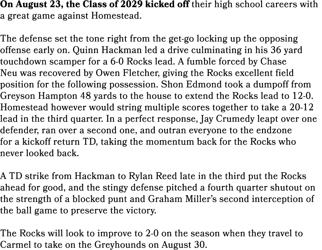 On August 23, the Class of 2029 kicked off their high school careers with a great game against Homestead. The defense...