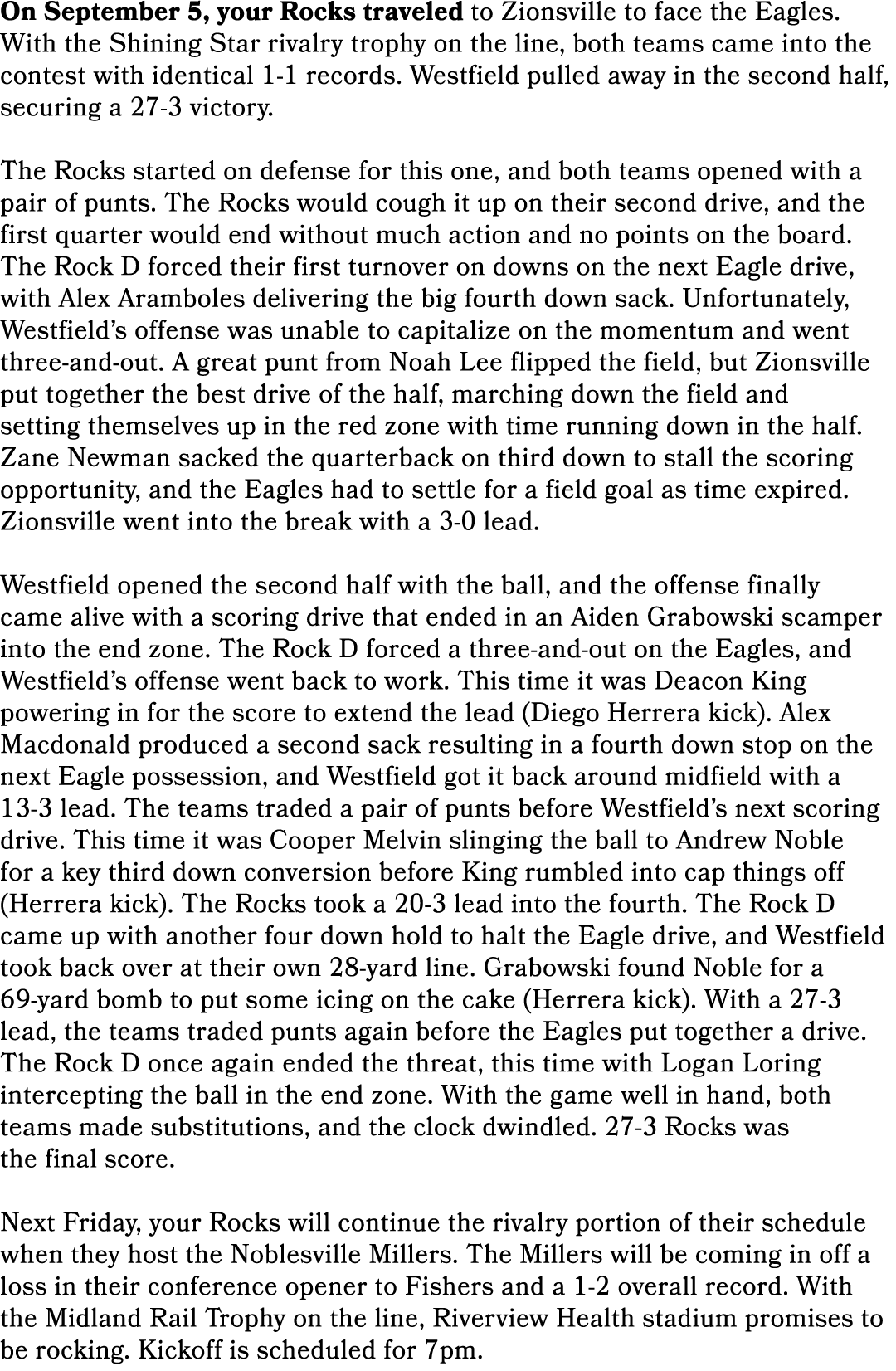 On September 5, your Rocks traveled to Zionsville to face the Eagles. With the Shining Star rivalry trophy on the lin...