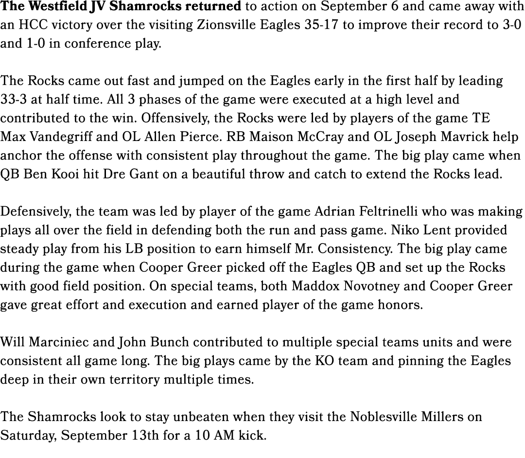 The Westfield JV Shamrocks returned to action on September 6 and came away with an HCC victory over the visiting Zion...