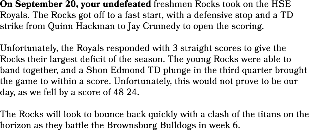 On September 20, your undefeated freshmen Rocks took on the HSE Royals. The Rocks got off to a fast start, with a def...