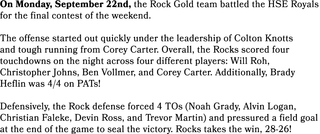 On Monday, September 22nd, the Rock Gold team battled the HSE Royals for the final contest of the weekend. The offens...