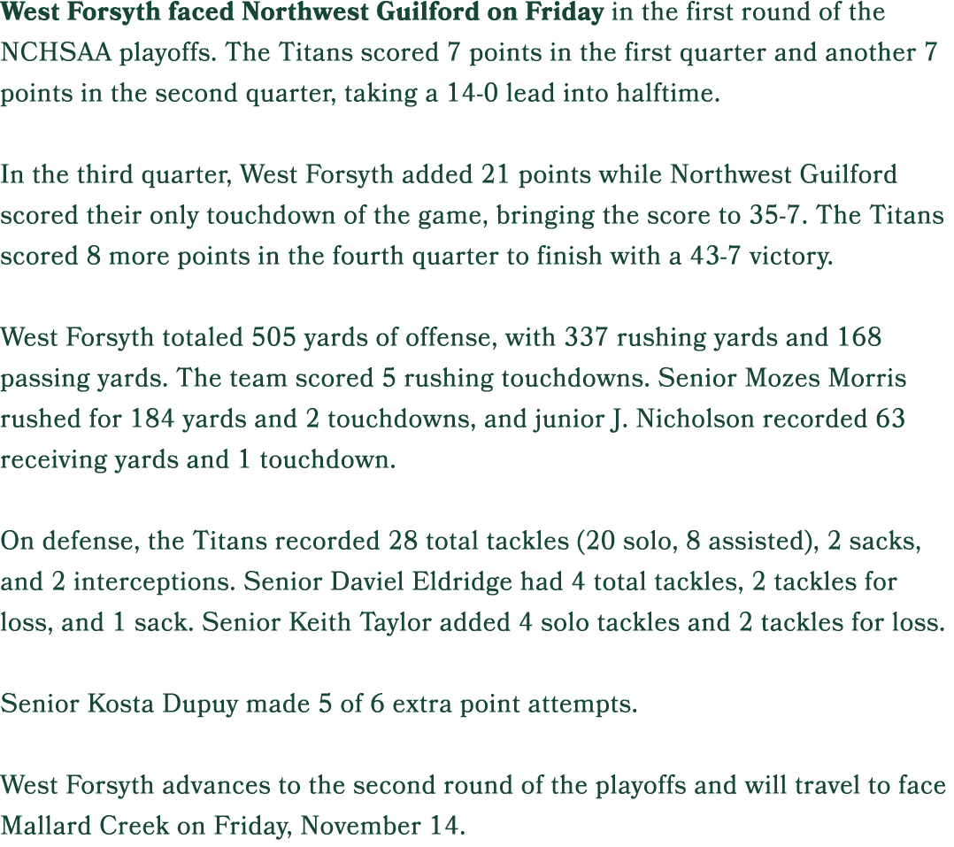 West Forsyth faced Northwest Guilford on Friday in the first round of the NCHSAA playoffs. The Titans scored 7 points...