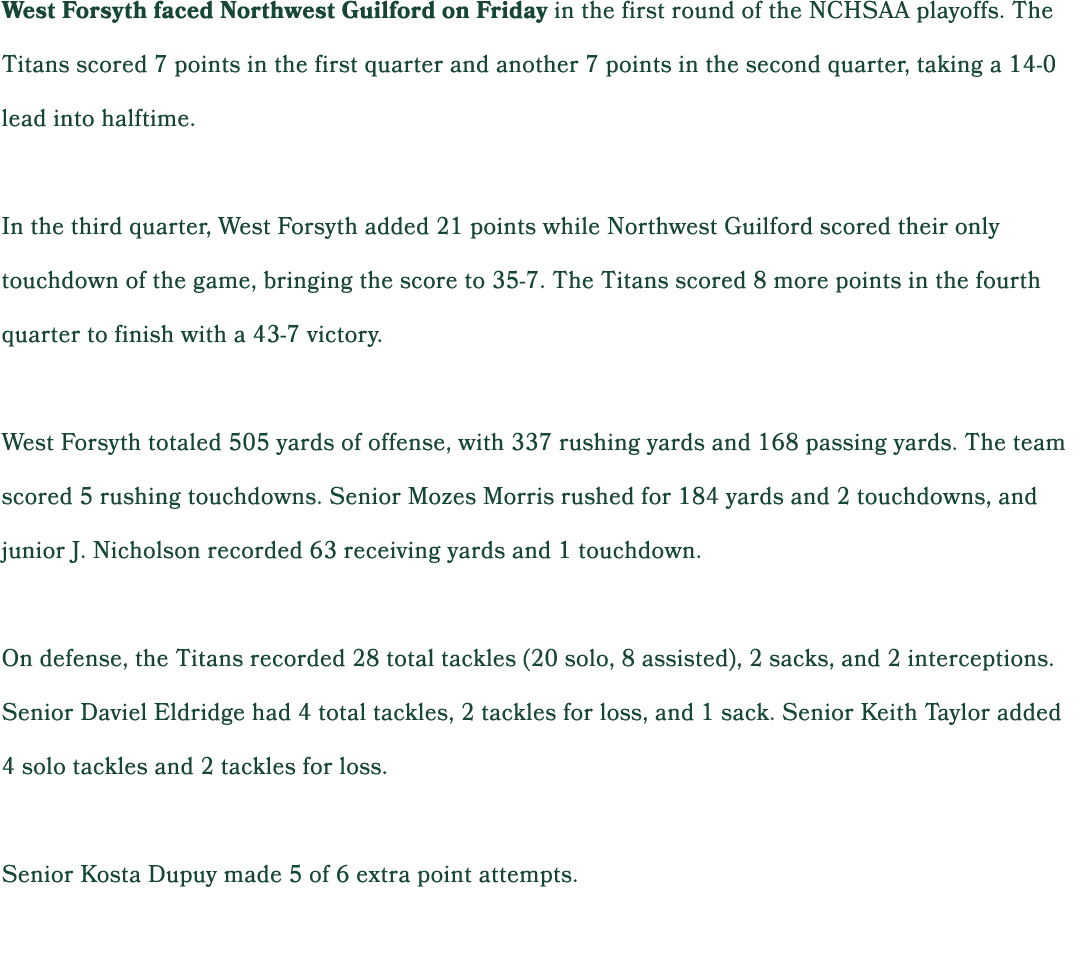 West Forsyth faced Northwest Guilford on Friday in the first round of the NCHSAA playoffs. The Titans scored 7 points...