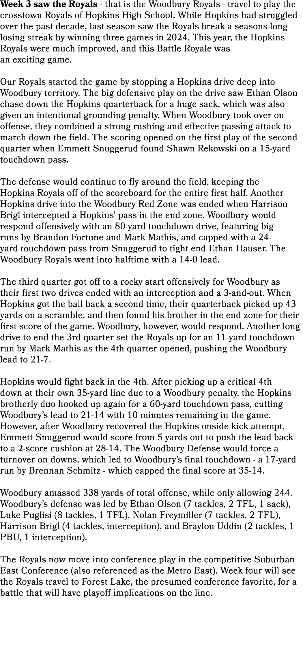 Week 3 saw the Royals that is the Woodbury Royals travel to play the crosstown Royals of Hopkins High School. While H...
