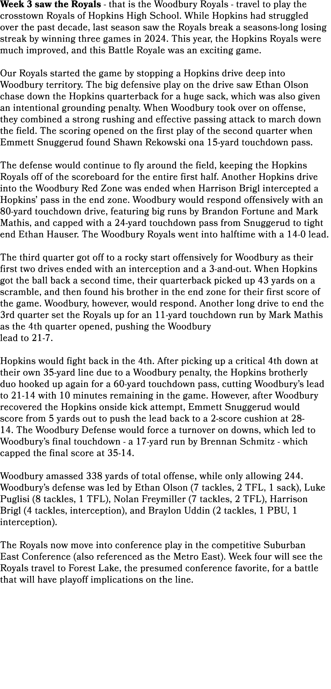 Week 3 saw the Royals that is the Woodbury Royals travel to play the crosstown Royals of Hopkins High School. While H...