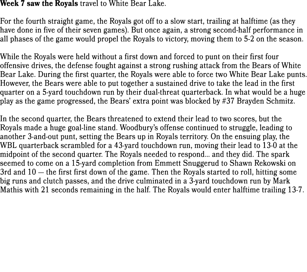 Week 7 saw the Royals travel to White Bear Lake. For the fourth straight game, the Royals got off to a slow start, tr...