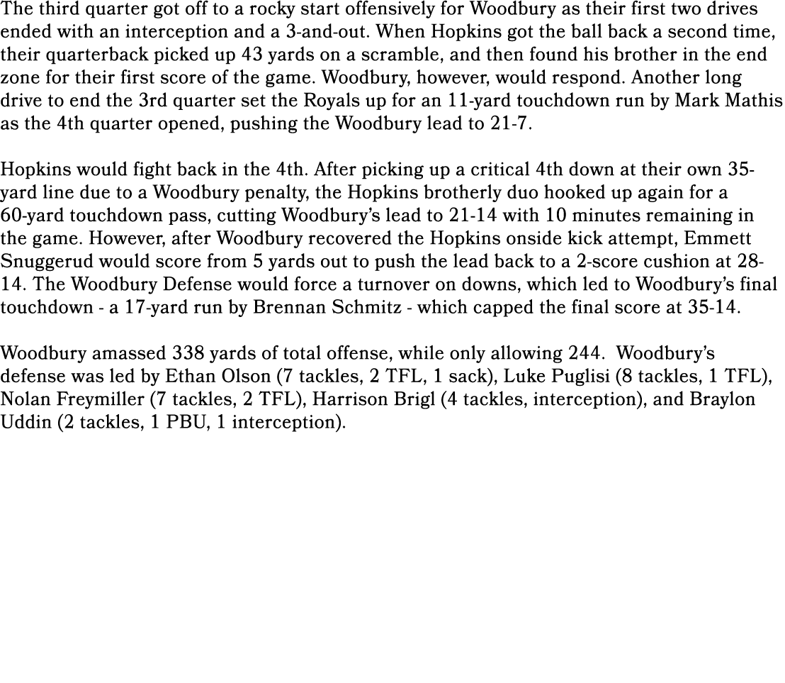 The third quarter got off to a rocky start offensively for Woodbury as their first two drives ended with an intercept...
