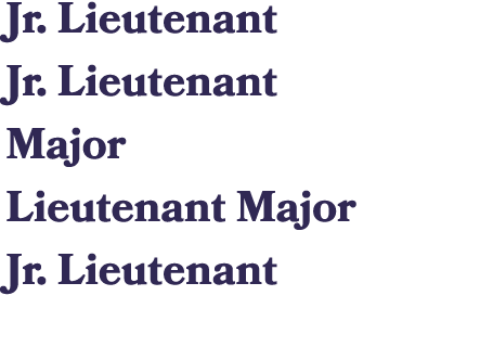 Jr. Lieutenant Jr. Lieutenant Major Lieutenant Major Jr. Lieutenant