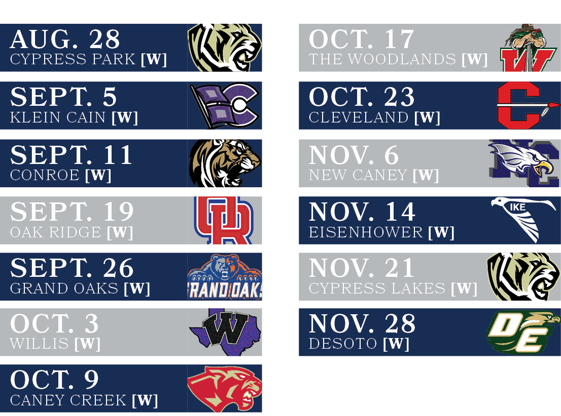NEW CANEY [W],NOV. 6,CYPRESS LAKES [W],nov. 21,DESOTO [W],EISENHOWER [W],NOV. 28,NOV. 14,CLEVELAND [W],OCT. 23,THE WO...