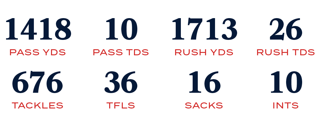 INTS,10,SACKS,16,TFLS,36,TACKLES,676,RUSH TDS,26,RUSH YDS,1713,PASS TDS,10,PASS YDS,141