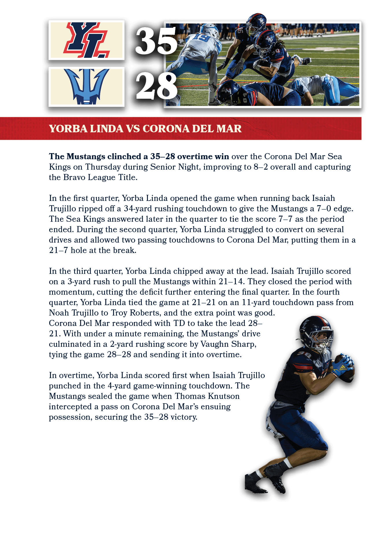 28,35,yorba linda vs Corona del mar,The Mustangs clinched a 35–28 overtime win over the Corona Del Mar Sea Kings on T...