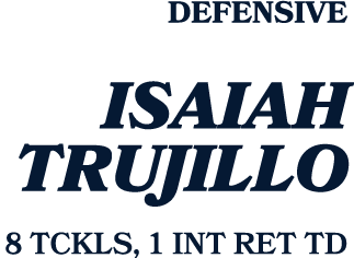 defensive Isaiah Trujillo 8 TCKLS, 1 INT RET TD