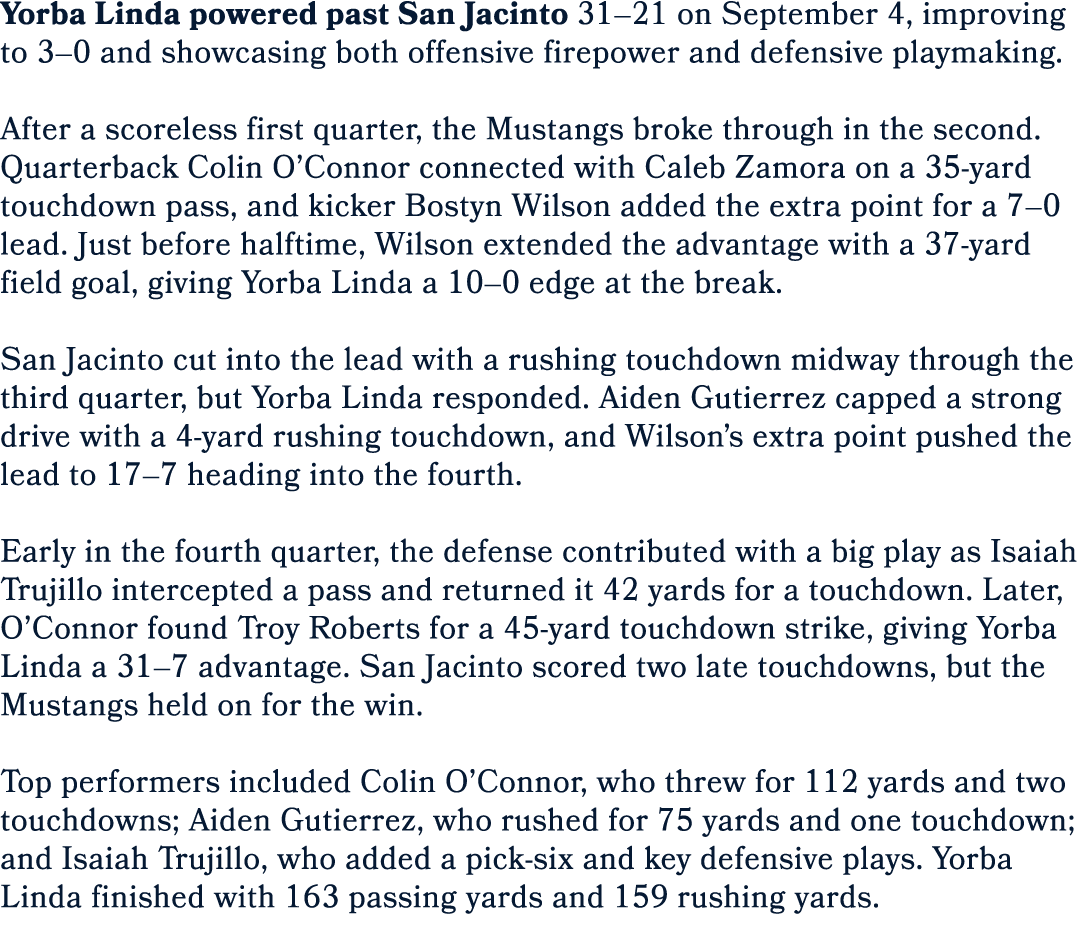 Yorba Linda powered past San Jacinto 31–21 on September 4, improving to 3–0 and showcasing both offensive firepower a...