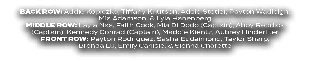 BACK ROW: Addie Kopiczko, Tiffany Knutson, Addie Stotler, Payton Wadleigh, Mia Adamson, & Lyla Hanenberg MIDdle ROW: ...