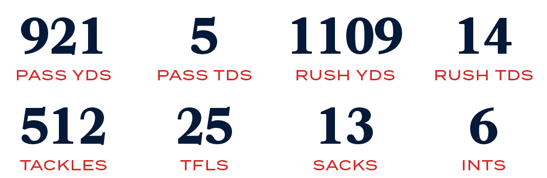 INTS,6,SACKS,13,TFLS,25,TACKLES,512,RUSH TDS,14,RUSH YDS,1109,PASS TDS,5,PASS YDS,92