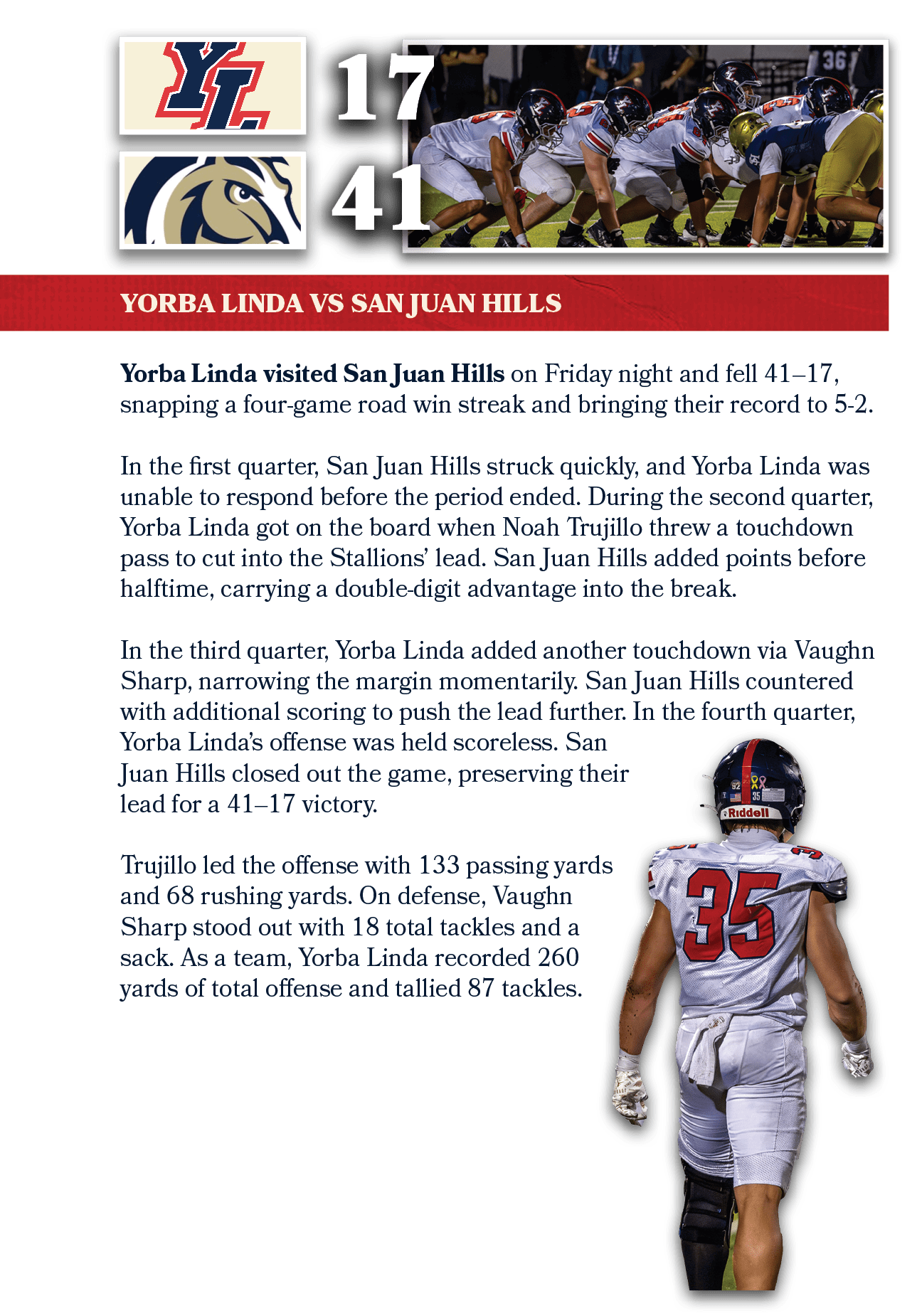 41,17,yorba linda vs san juan hills,Yorba Linda visited San Juan Hills on Friday night and fell 41–17, snapping a fou...