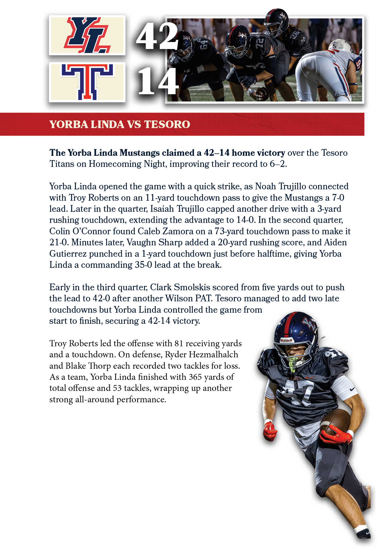 14,42,yorba linda vs TESORO,The Yorba Linda Mustangs claimed a 42–14 home victory over the Tesoro Titans on Homecomin...