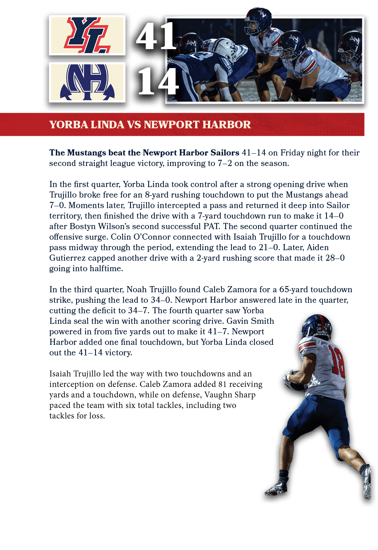 14,41,yorba linda vs newport harbor,The Mustangs beat the Newport Harbor Sailors 41–14 on Friday night for their seco...