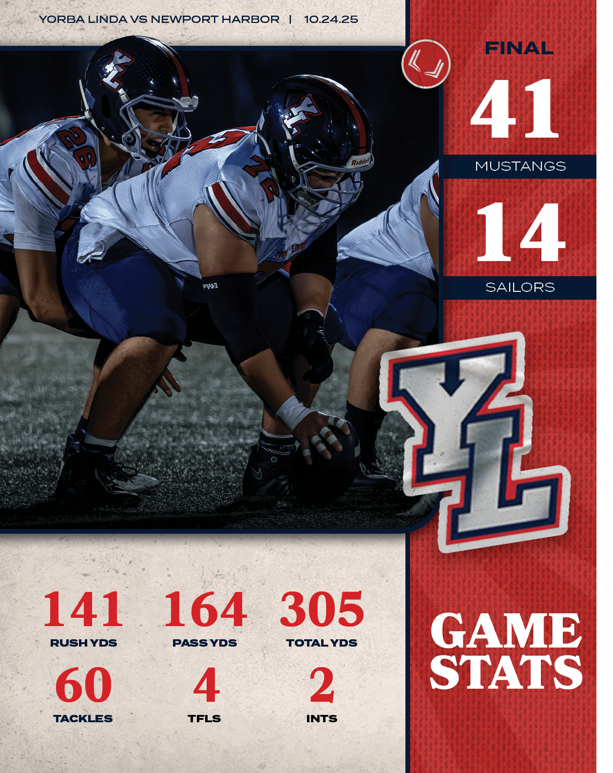 YORBA LINDA VS NEwport harbor | 10.24.25,MUSTANGS,141,60,4,2,INTS,305,TFLS,TACKLES,TOTAL YDS,PASS YDS,RUSH YDS,164,SA...