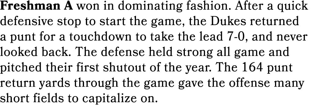 Freshman A won in dominating fashion. After a quick defensive stop to start the game, the Dukes returned a punt for a...