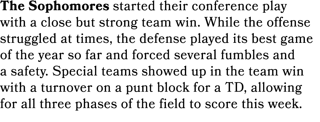 The Sophomores started their conference play with a close but strong team win. While the offense struggled at times, ...