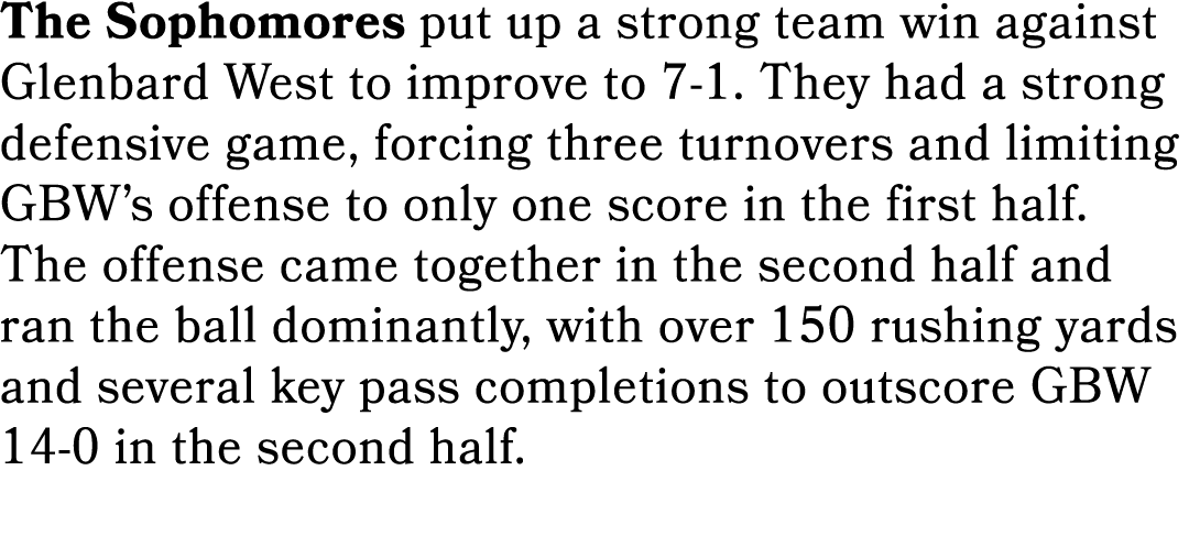 The Sophomores put up a strong team win against Glenbard West to improve to 7 1. They had a strong defensive game, fo...