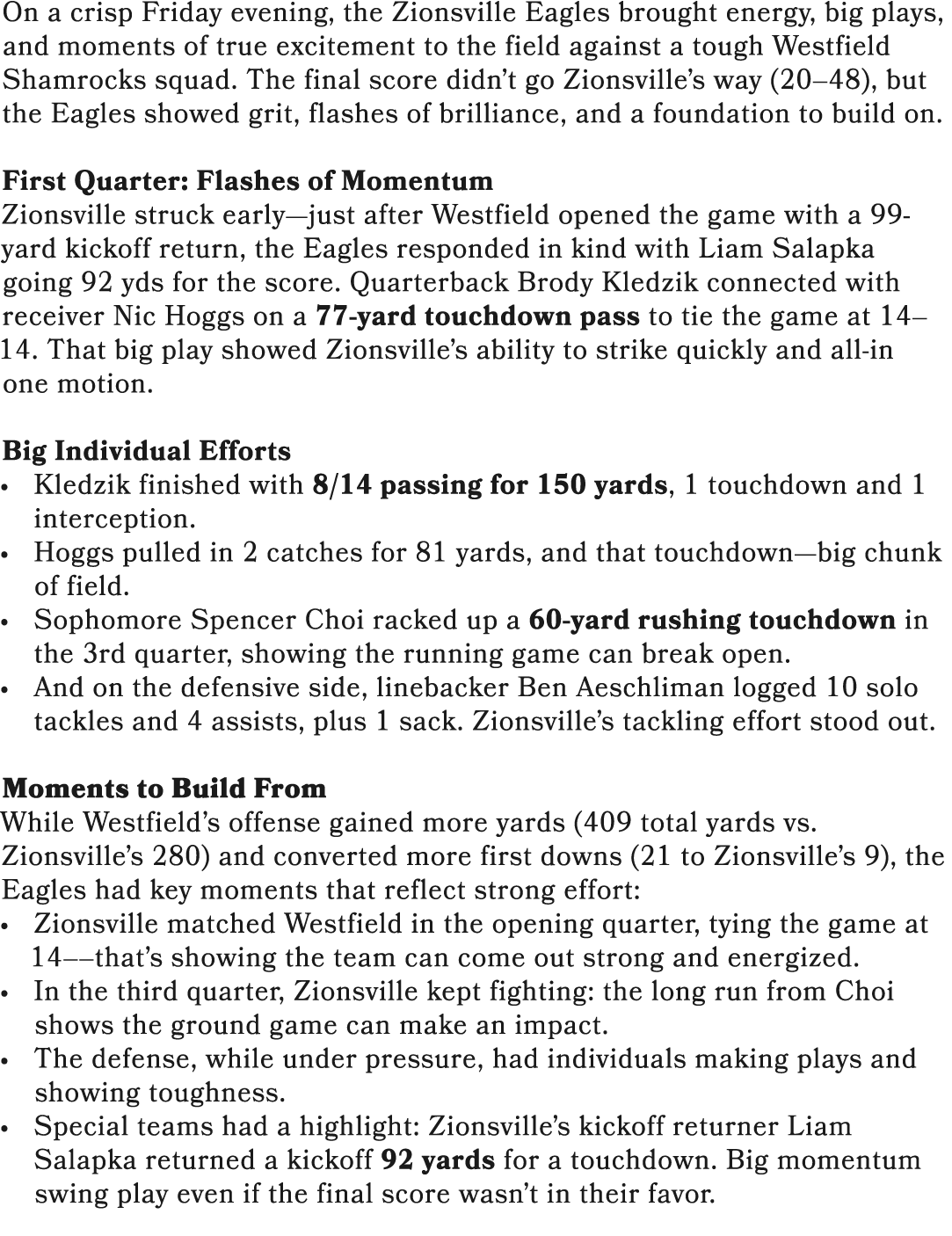 On a crisp Friday evening, the Zionsville Eagles brought energy, big plays, and moments of true excitement to the fie...