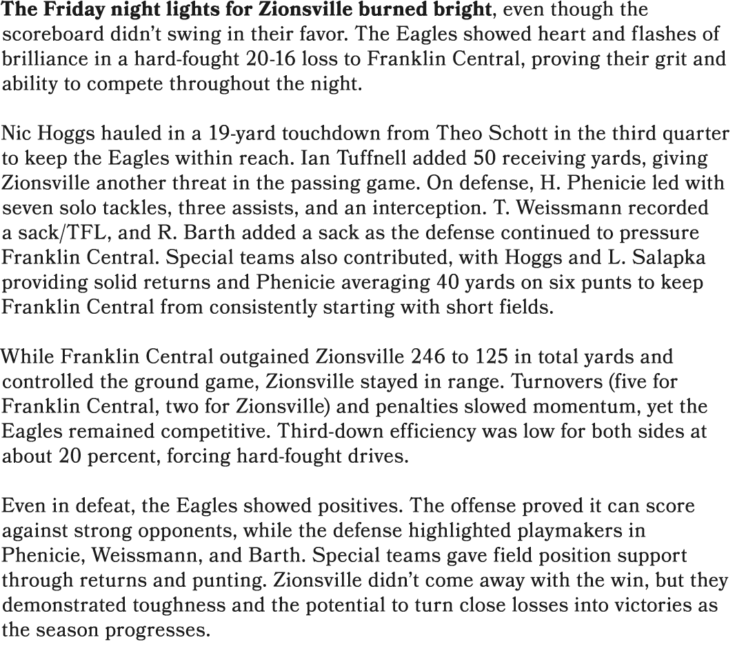 The Friday night lights for Zionsville burned bright, even though the scoreboard didn’t swing in their favor. The Eag...