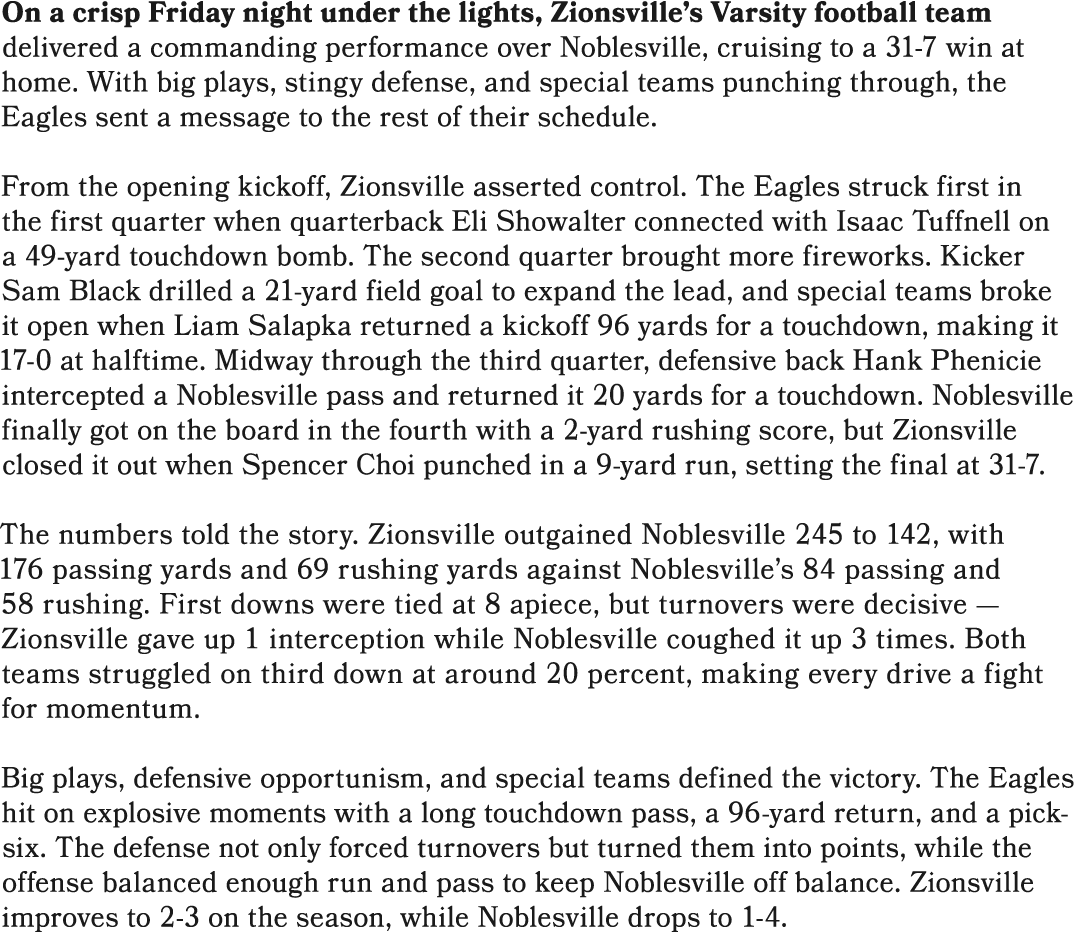 On a crisp Friday night under the lights, Zionsville’s Varsity football team delivered a commanding performance over ...