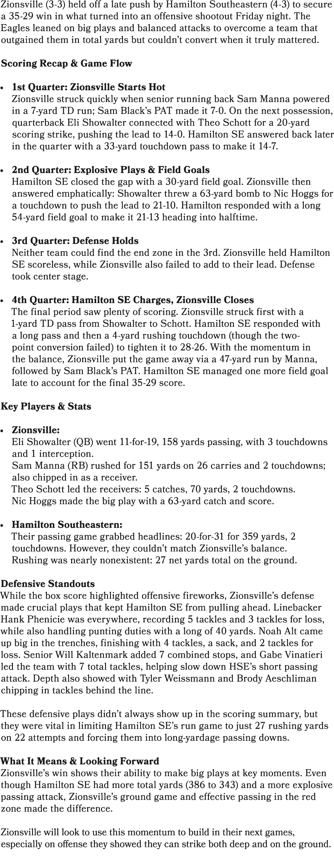 Zionsville (3 3) held off a late push by Hamilton Southeastern (4 3) to secure a 35 29 win in what turned into an off...