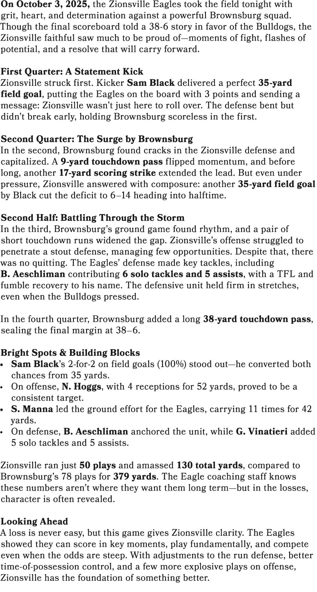 On October 3, 2025, the Zionsville Eagles took the field tonight with grit, heart, and determination against a powerf...