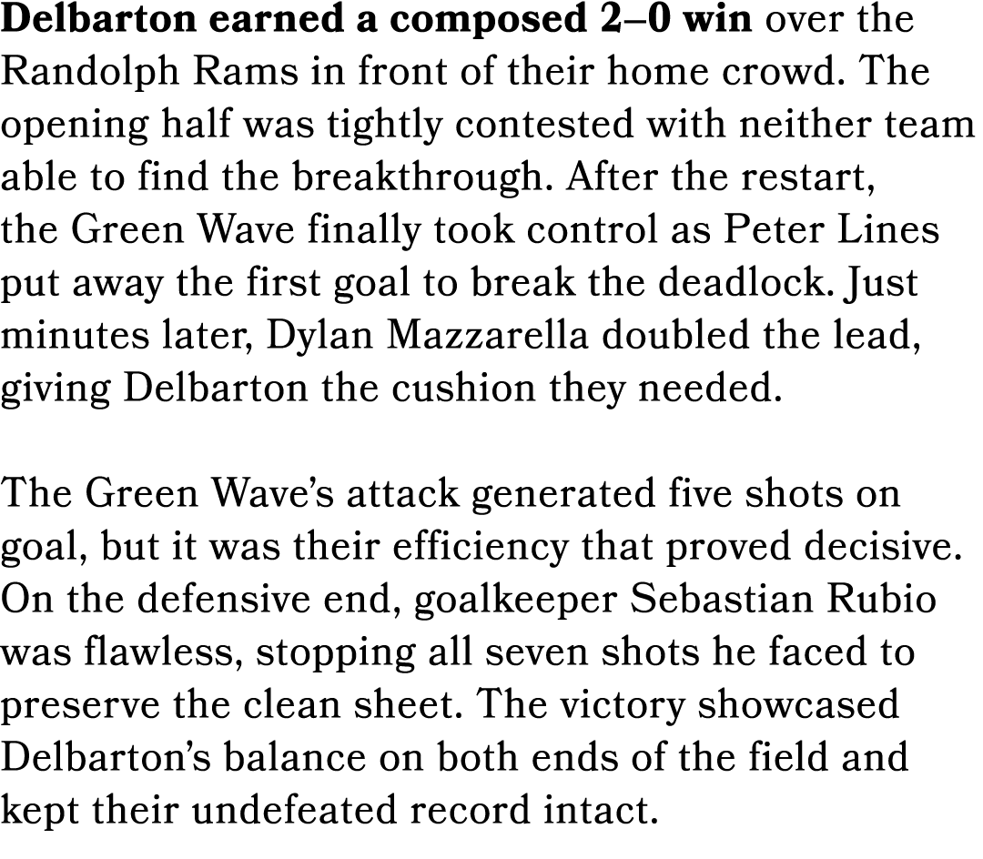 Delbarton earned a composed 2–0 win over the Randolph Rams in front of their home crowd. The opening half was tightly...