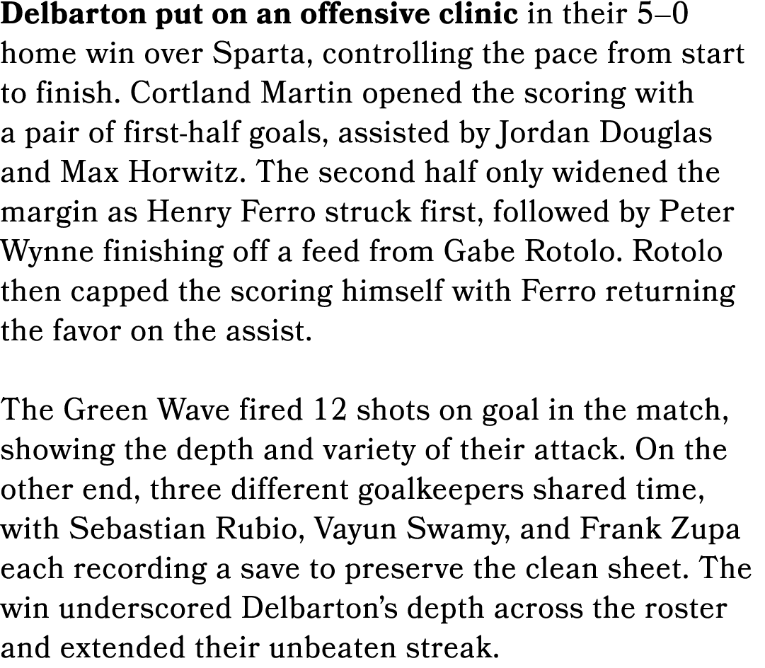 Delbarton put on an offensive clinic in their 5–0 home win over Sparta, controlling the pace from start to finish. Co...