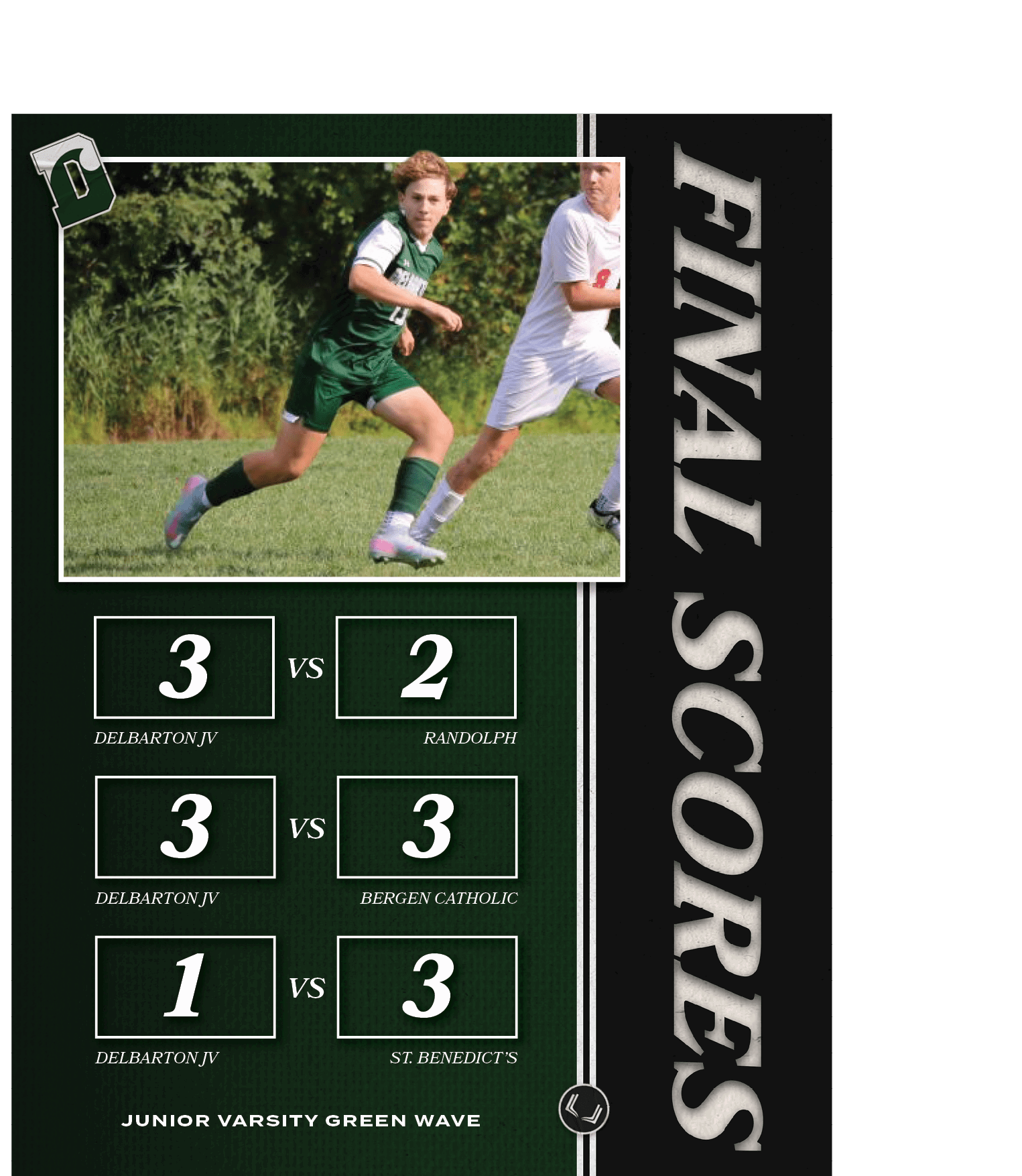3,VS,DELBARTON JV,1,ST. BENEDICT’S,3,VS,DELBARTON JV,3,BERGEN CATHOLIC,2,junior varsity green wave,VS,DELBARTON JV,3,...