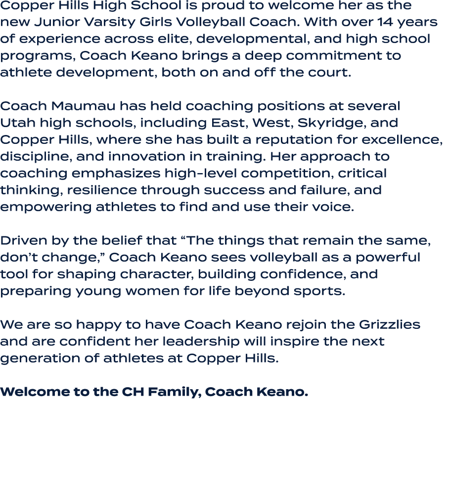 Copper Hills High School is proud to welcome her as the new Junior Varsity Girls Volleyball Coach. With over 14 years...