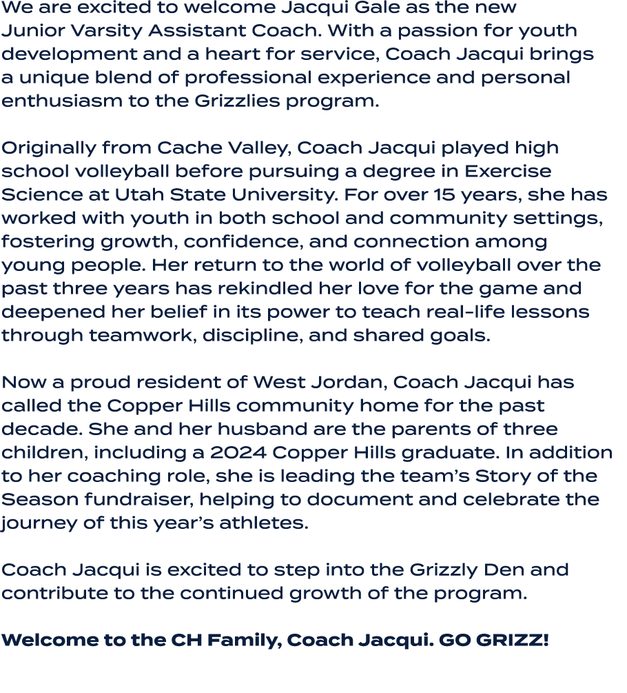 We are excited to welcome Jacqui Gale as the new Junior Varsity Assistant Coach. With a passion for youth development...
