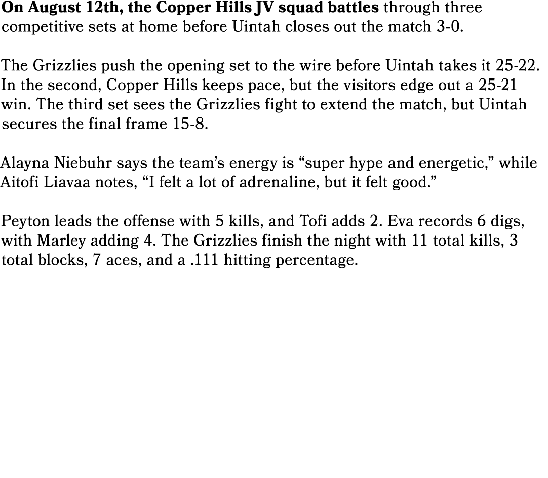 On August 12th, the Copper Hills JV squad battles through three competitive sets at home before Uintah closes out the...