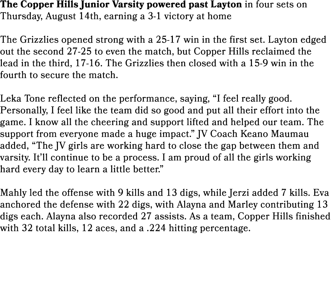 The Copper Hills Junior Varsity powered past Layton in four sets on Thursday, August 14th, earning a 3 1 victory at h...