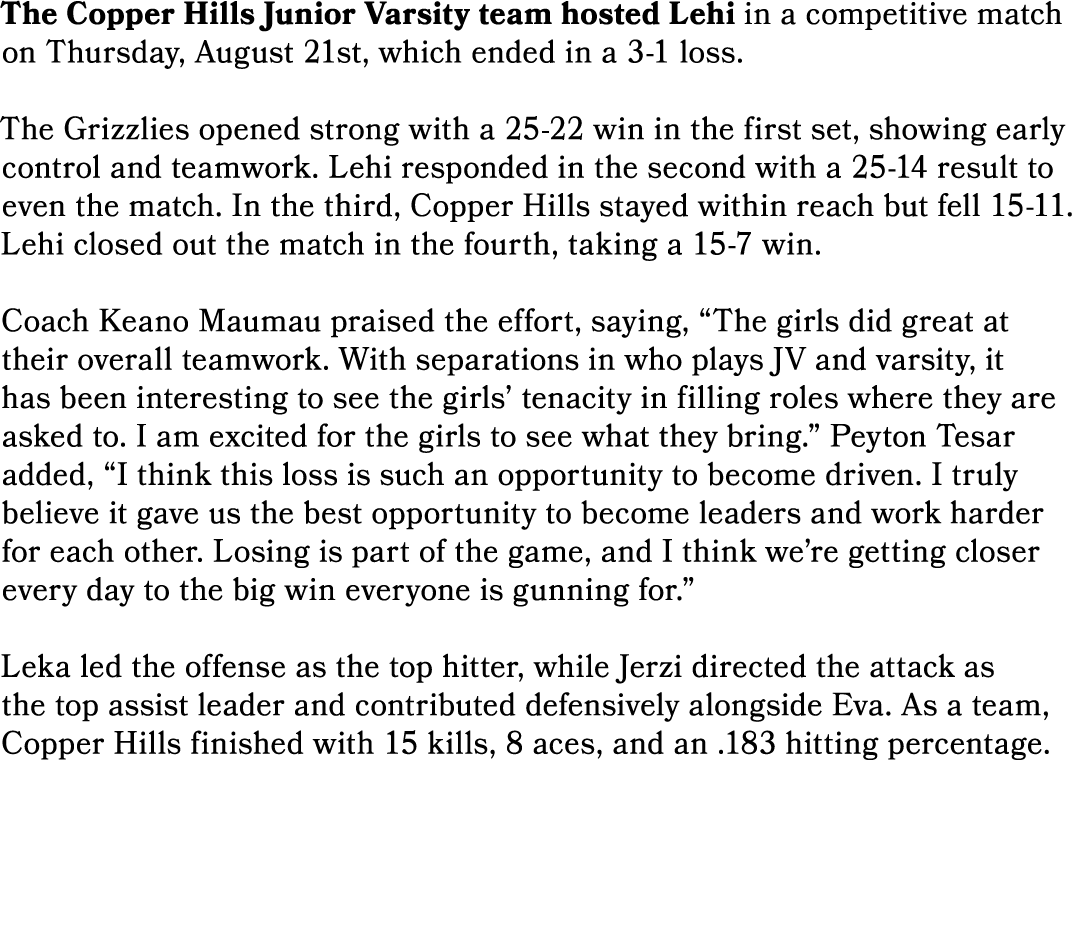 The Copper Hills Junior Varsity team hosted Lehi in a competitive match on Thursday, August 21st, which ended in a 3 ...