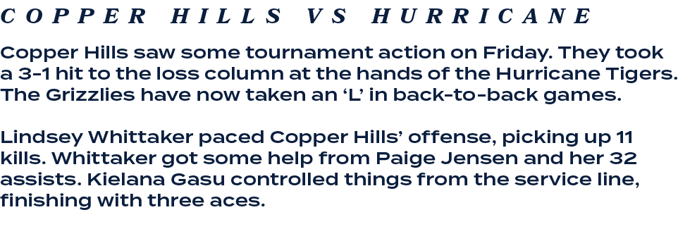Copper Hills saw some tournament action on Friday. They took a 3 1 hit to the loss column at the hands of the Hurrica...
