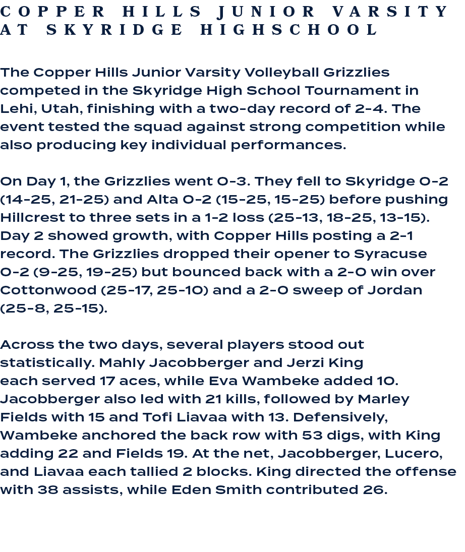 The Copper Hills Junior Varsity Volleyball Grizzlies competed in the Skyridge High School Tournament in Lehi, Utah, f...