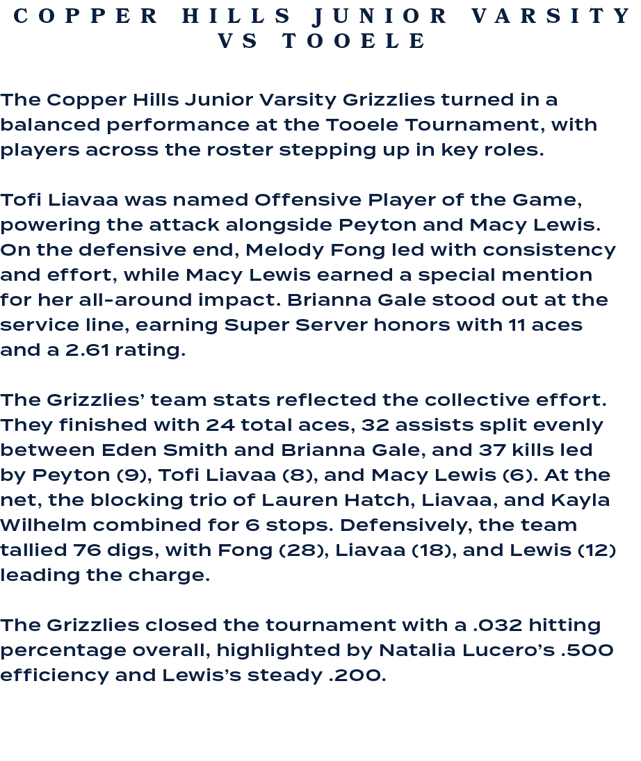The Copper Hills Junior Varsity Grizzlies turned in a balanced performance at the Tooele Tournament, with players acr...