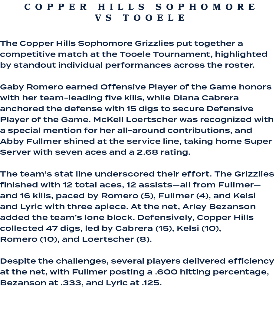 The Copper Hills Sophomore Grizzlies put together a competitive match at the Tooele Tournament, highlighted by stando...