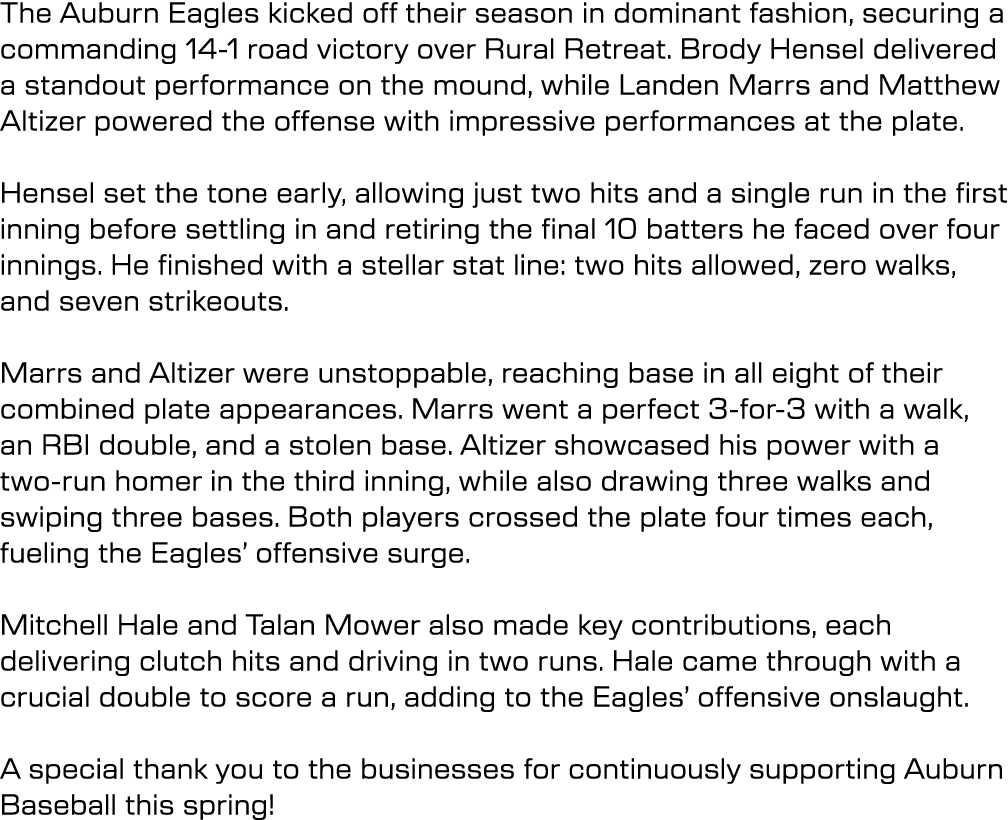 The Auburn Eagles kicked off their season in dominant fashion, securing a commanding 14 1 road victory over Rural Ret...