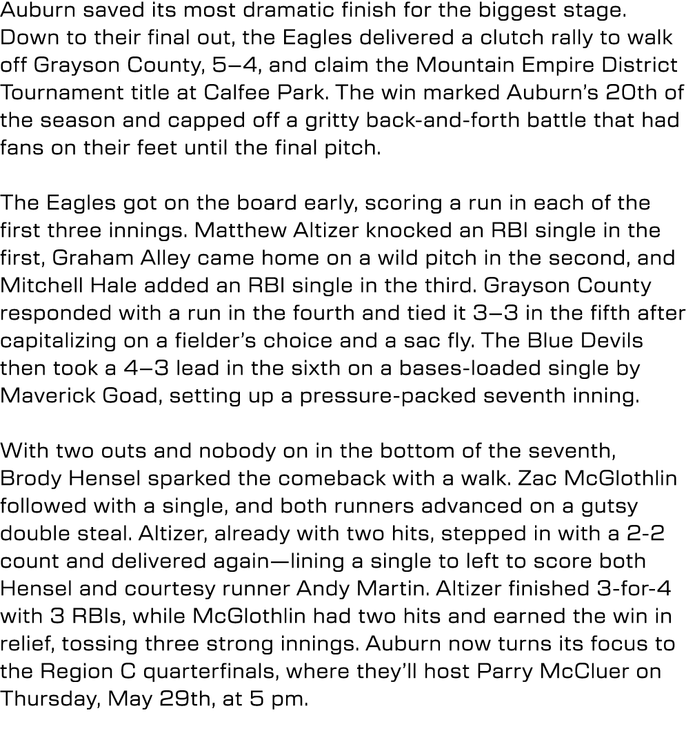 Auburn saved its most dramatic finish for the biggest stage. Down to their final out, the Eagles delivered a clutch r...