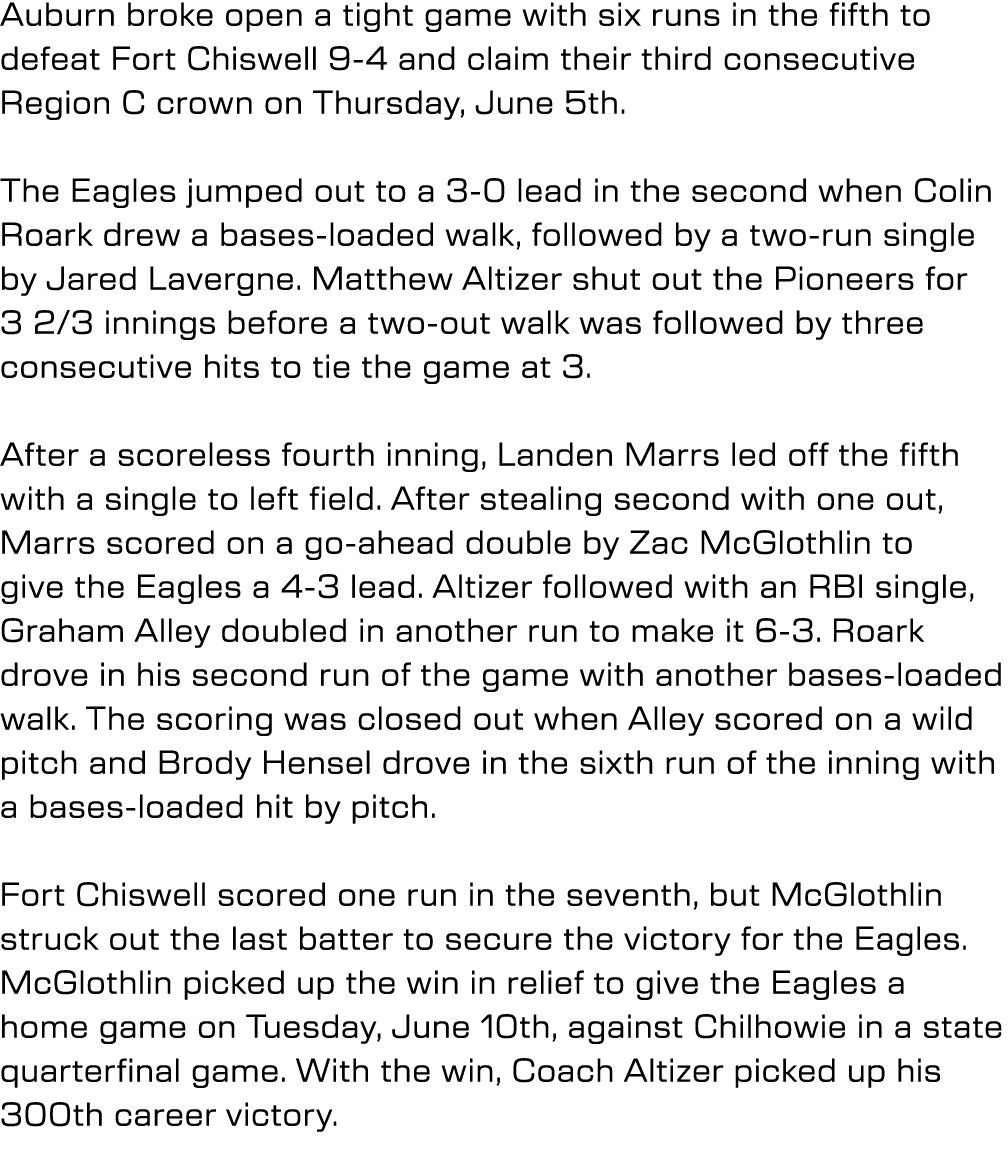 Auburn broke open a tight game with six runs in the fifth to defeat Fort Chiswell 9 4 and claim their third consecuti...