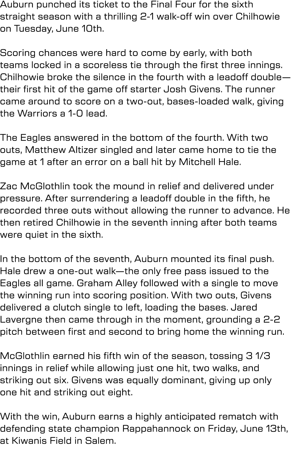 Auburn punched its ticket to the Final Four for the sixth straight season with a thrilling 2 1 walk off win over Chil...