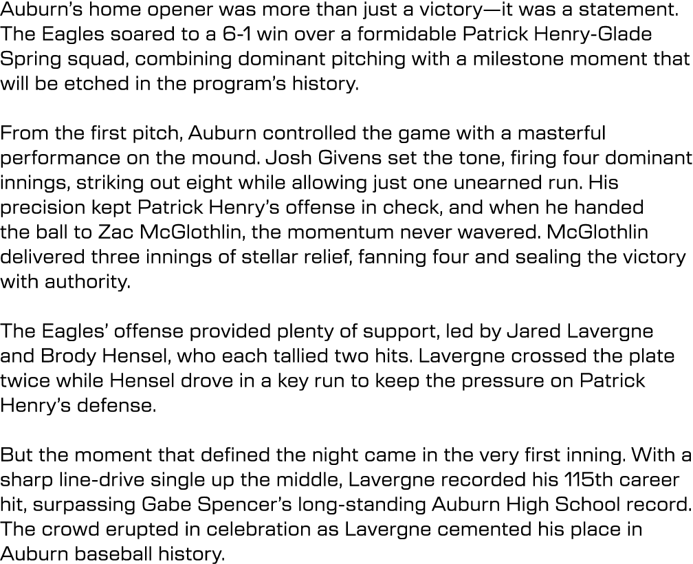 Auburn’s home opener was more than just a victory—it was a statement. The Eagles soared to a 6 1 win over a formidabl...