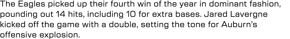 The Eagles picked up their fourth win of the year in dominant fashion, pounding out 14 hits, including 10 for extra b...