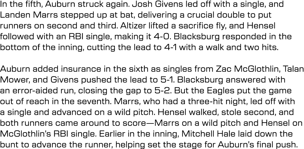 In the fifth, Auburn struck again. Josh Givens led off with a single, and Landen Marrs stepped up at bat, delivering ...